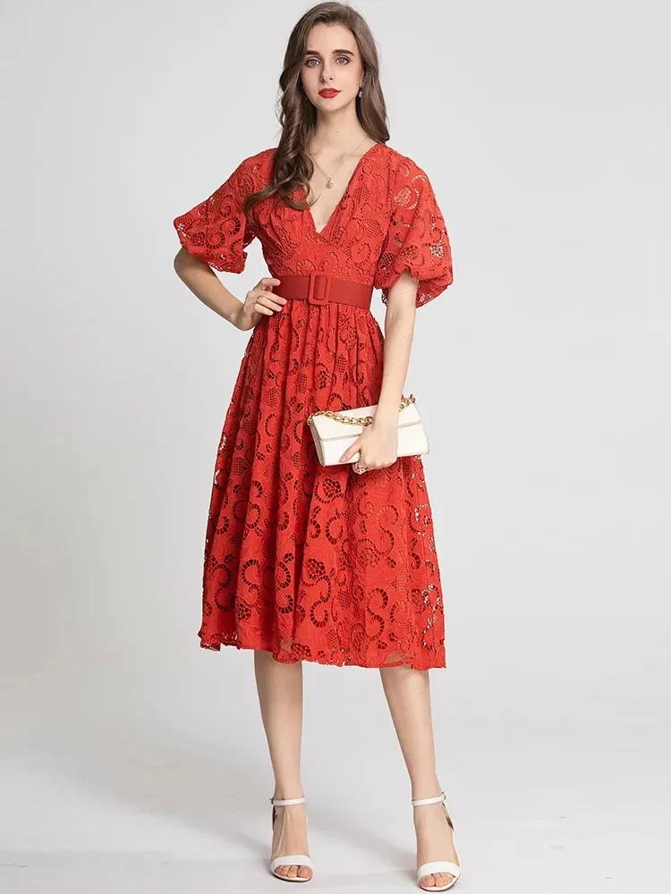 

Fashion Designer Summer Women's V Neck Puff sleeve Hollow out Sashes Elegant Red Dresses