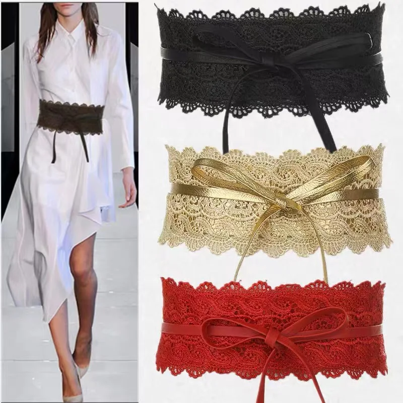 Multiple Colour Fashion Ladies Lace Accessories Wide Belt Matching Dress Shirt Lace Waistband Fashionable Waist With Pu Belt