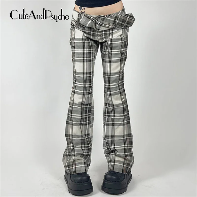 

Cuteandpsycho Low Waisted Y2K Vintage Pants With Belts Plaid Print Chic Straight Trousers Aesthetic Harajuku 90s Women Bottoms