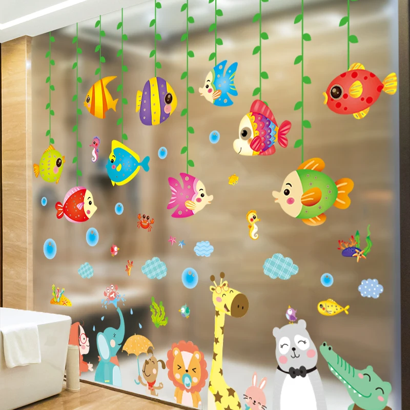 

[SHIJUEHEZI] Cartoon Animals Wall Stickers DIY Fish Wall Decals for Kids Rooms Baby Bedroom Bathroom Toilet Home Decoration