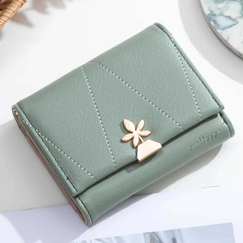 

Hot Sale Women 2021 New Short Wallet Korean PU Solid Color Tri-fold Flower Buckle Simple Student Coin Purse
