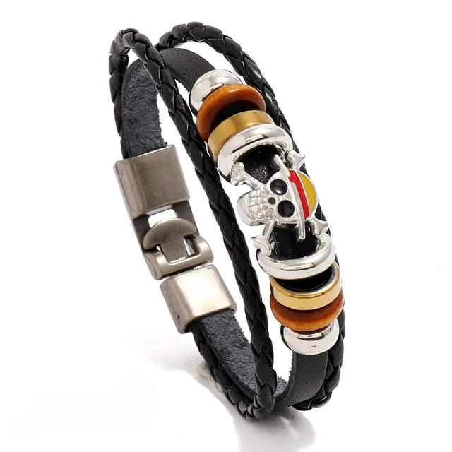 1Pc One Piece Luffy Pirate Bracelet Japan Cartoon Action Figure Toys Punk Black Leather Braided Punk Rock Bangles Bracelet Gifts 1