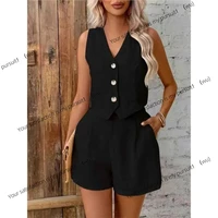 الصيف القطن الكتان مجموعات المرأة الصلبة عادية قطعتين مجموعات موضة جديدة مثير الخامس الرقبة سترة دون أكمام القمم والسراويل دعوى النساء 6