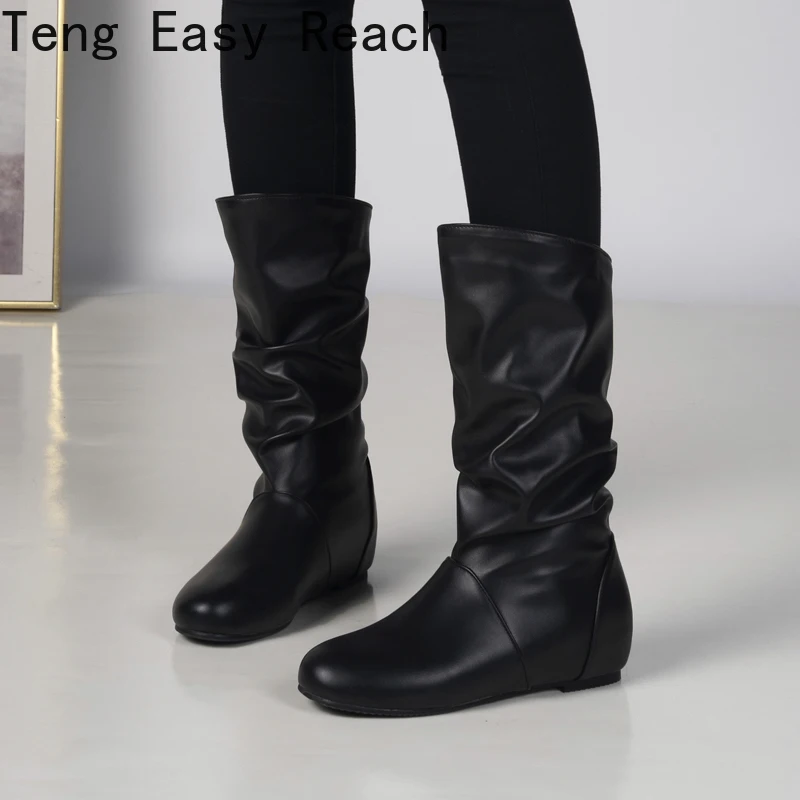 Autumn Winter Women's White Pleated Ankle Boots Fashion Women's Round Toe Wedge Short Boots Women's Black New Plus Size 33-48
