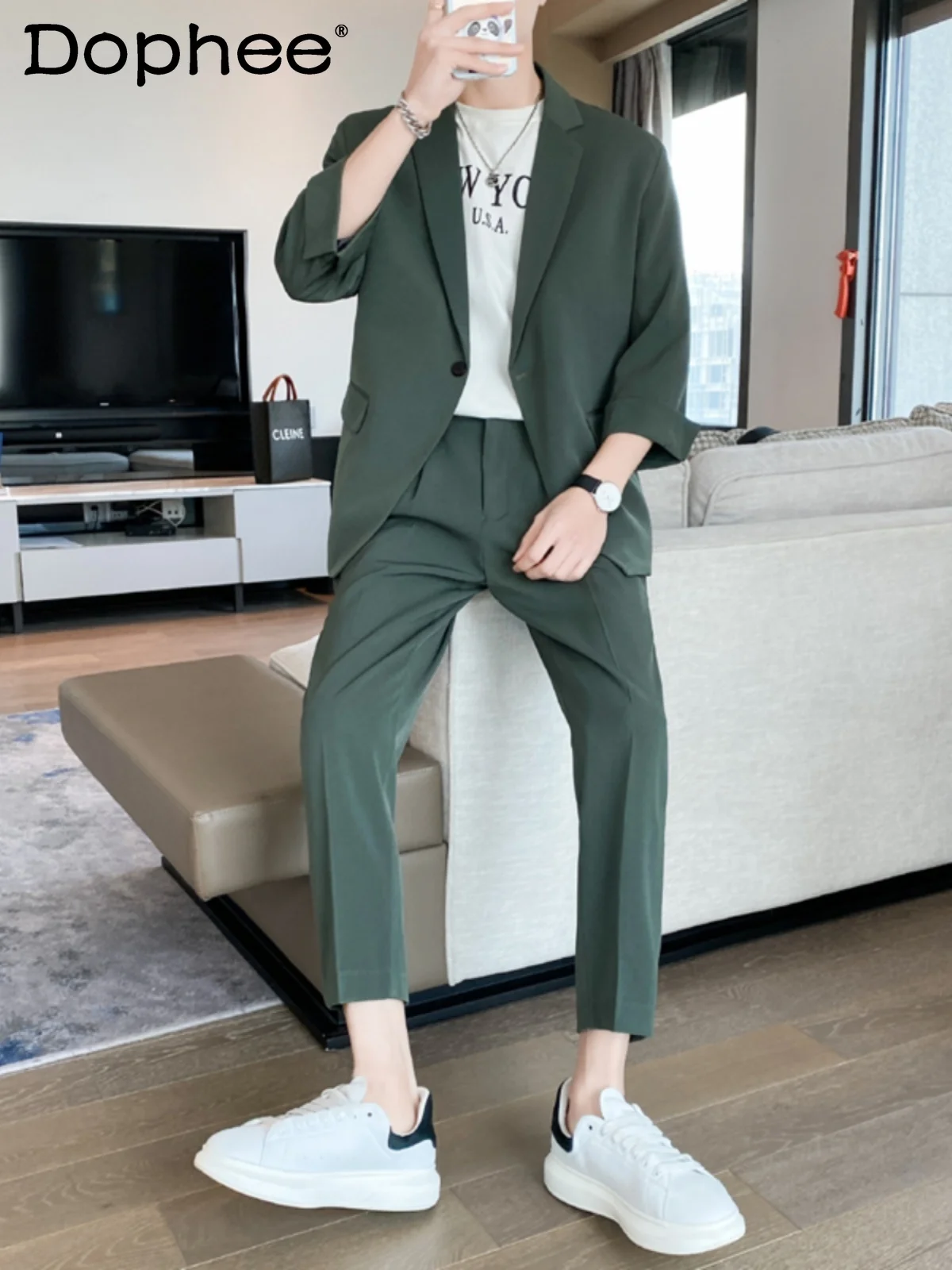 

Casual Suit Men's Pants Sets 2024 Summer Fashionable Loose Comfort Mid-Sleeve Suit Coat Handsome Trousers Two-Piece Sets