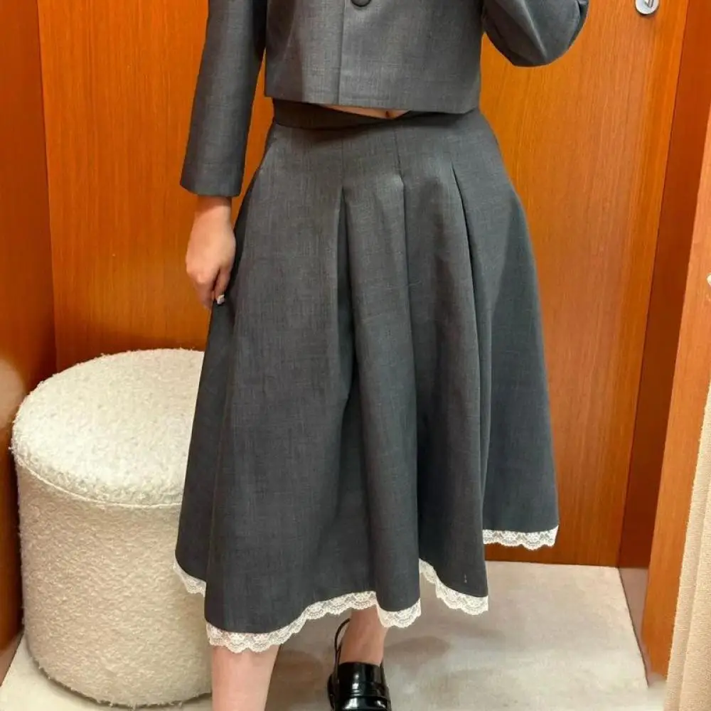 

Designer Brand Fashion Grey A-Line Shaped Lace Hem Umbrella Pleated Long Skirt 2024 Spring Designer Brand Loose Skirts Clothes