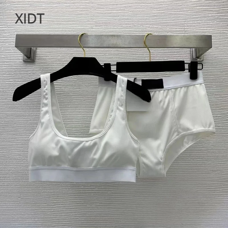 

2024 Summer New Thread Elastic Cotton Bikini Split Swimsuit Set Embroidered Suspender Tank Top Underwear (with Chest Pads)+High