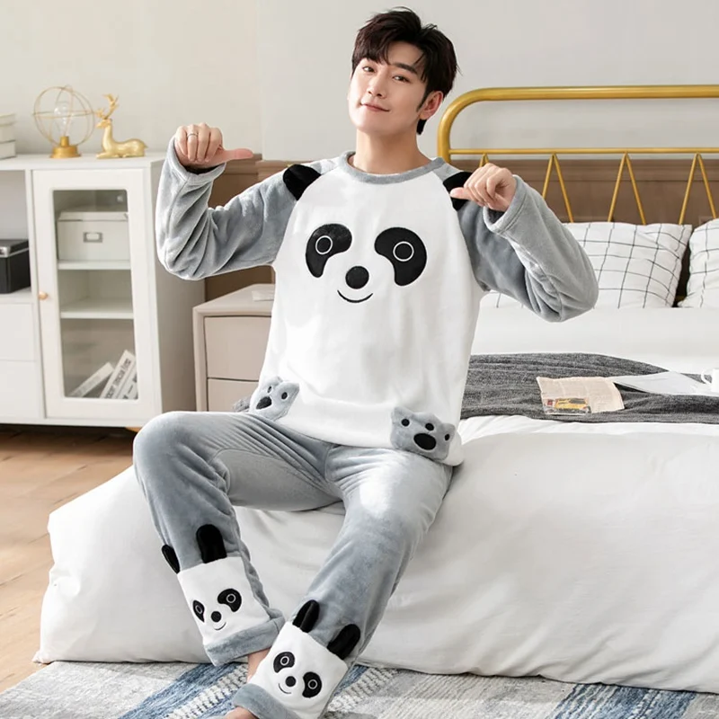 2021 Winter Long Sleeve Thick Warm Flannel Pajama Sets for Men Cute Cartoon Coral Velvet Sleepwear Pyjamas Homewear Home Clothes cheap pajama pants Men's Sleep & Lounge