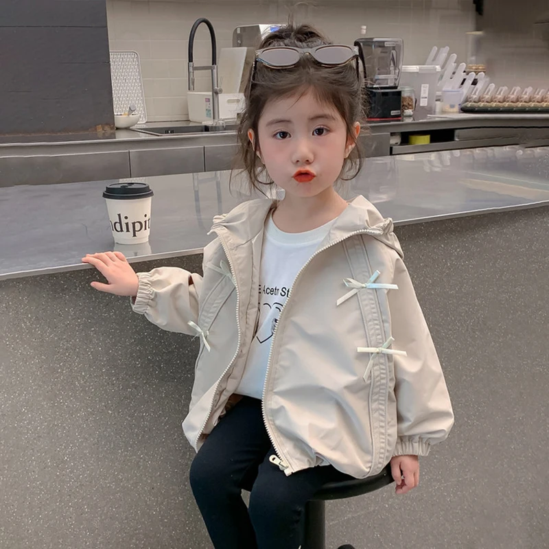 Girls Hooded Windbreaker Jacket 2026 Spring Autumn Cute Bow Zipper Lightweight Outerwear Casual Waterproof Coat For Kids 4-12Yrs - 2