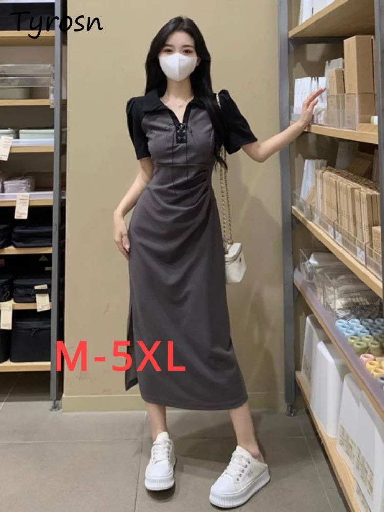 

Женские платья с Боковым Разрезом, облегающие летние популярные бандажные лоскутные платья в Корейском стиле с отложным воротником, уличный шикарный дизайн