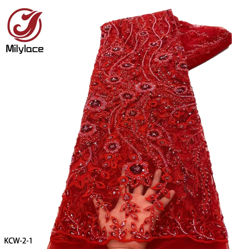 

African Tulle Lace French Beaded and Sequins Embroidery Lace Fabric for Women Dresses KCW-2