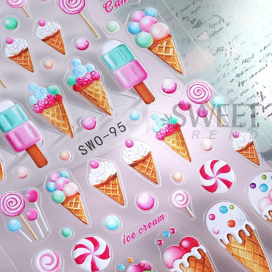 2pcs Ice Creams 3D Nail Stickers Summer Macaroon Candy Lollipops Cartoon Nail Decals DIY Adhesive Sliders Manicure Decorations