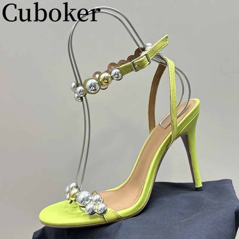 

Женские атласные туфли-лодочки, элегантные вечерние сандалии с украшением в виде шариков, на высоком каблуке, лето 2024