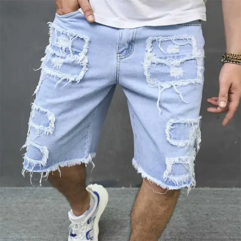 Denim Hole Knee Length Men Washed Jean Mid Waist Spliced Ripped Pockets Loose Fit Distressed Straight Pants Casual Shorts