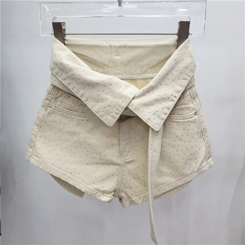 Heavy Embroidery Hot Drilling Black Denim Shorts Flanging Design Irregular High Waist 2024 New Spring and Summer Clothing Women