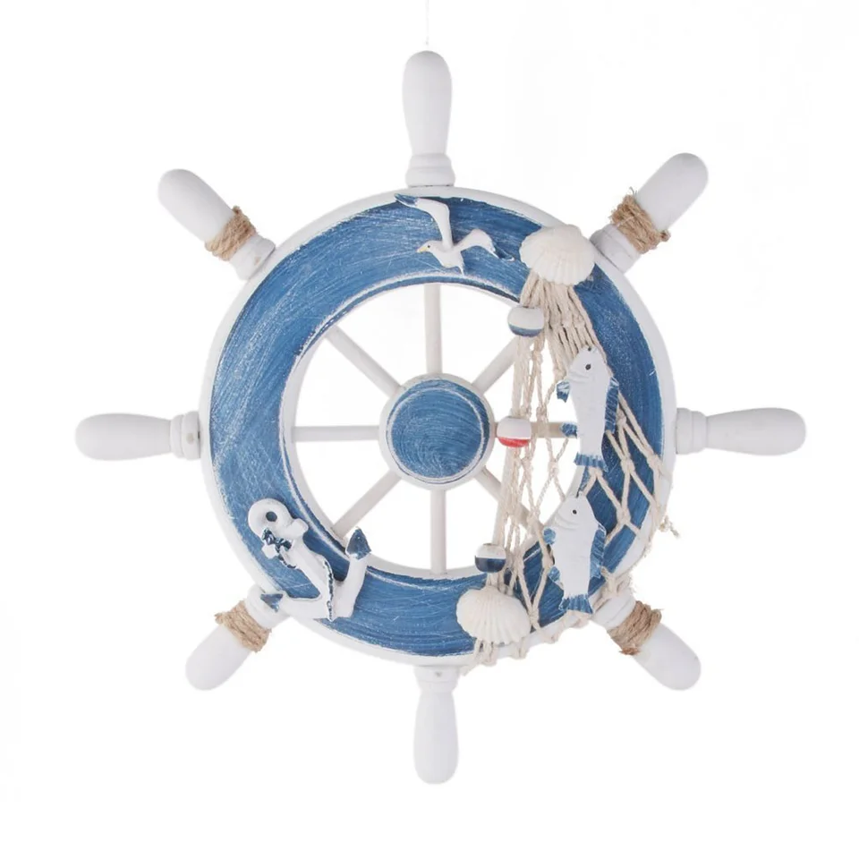 inanosa Ruota per barca nautica premium in legno per nave | Timone del Capitano della Nave Pirata | Sculture da parete per la decorazione della casa (60_x_60_cm, Anchor & Strips