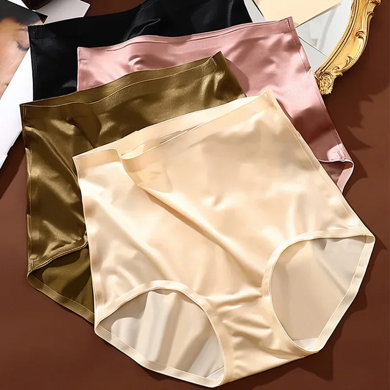 

Luxury Satin Women Shiny Panties Sexy Seamless Breifs Underwear High Waist Tummy Control Soft Mulberry Silk Crotch Underpants