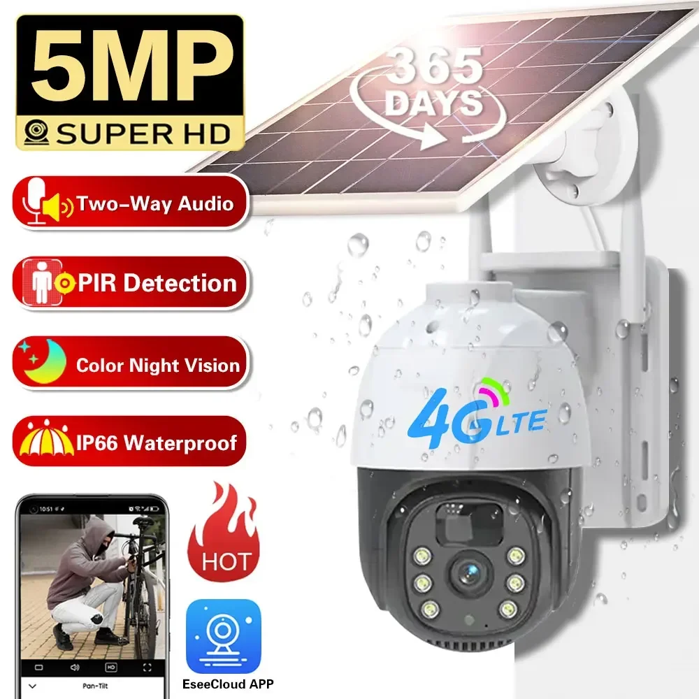 Hd 4G Solar Wifi Ptz Camera 5Mp Outdoor Ip66 Impermeabile Pir Detection Auto Tracking Wireless Cctv Telecamera Di Sorveglianza Di Sicurezza