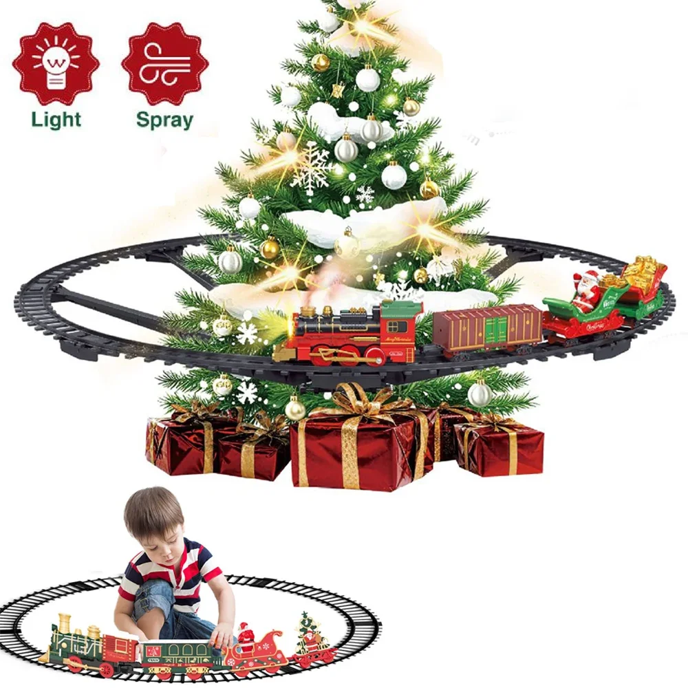 Christmas Electric Railway Set with Santa Sleigh Classical Train Rail Track Set Locomotive Playset Classic Train Toy Sound Gifts