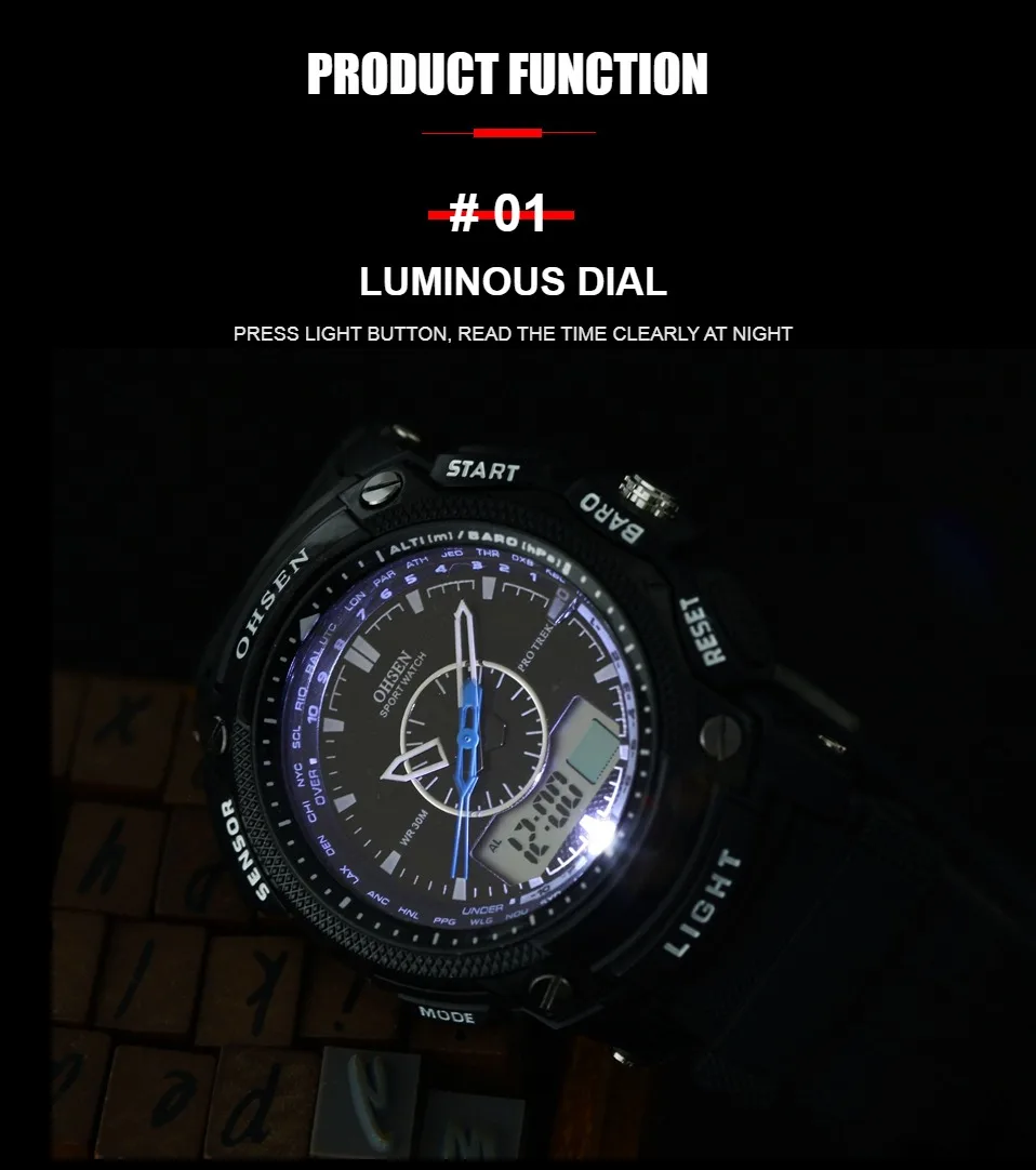 OHSEN Digital Quartz Mens Fashion Wristwatches Male Rubber