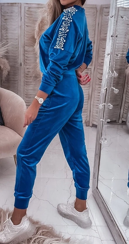 

2024 Autumn Winter New Fashion Casual Elegant Womens Two Piece Sets Outfit Velvet Beaded Sweatshirt Pocket Design Sweatpants Set