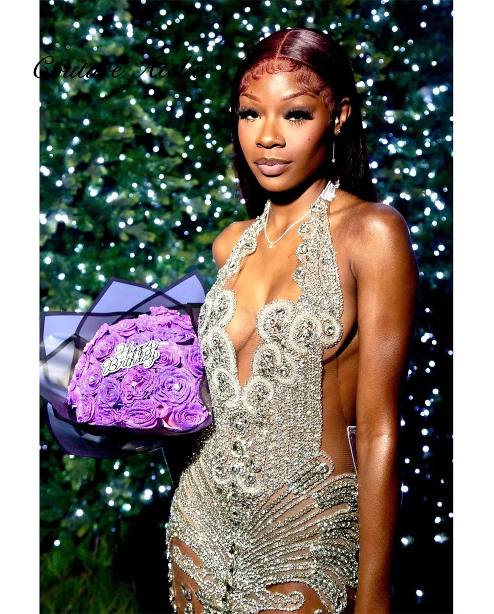 

Adorable Silver Crystals Halter Prom Dress Africa See Thru Glitter Rhinestone Bead Mini Cocktail Party Gown Illusion robe de bal