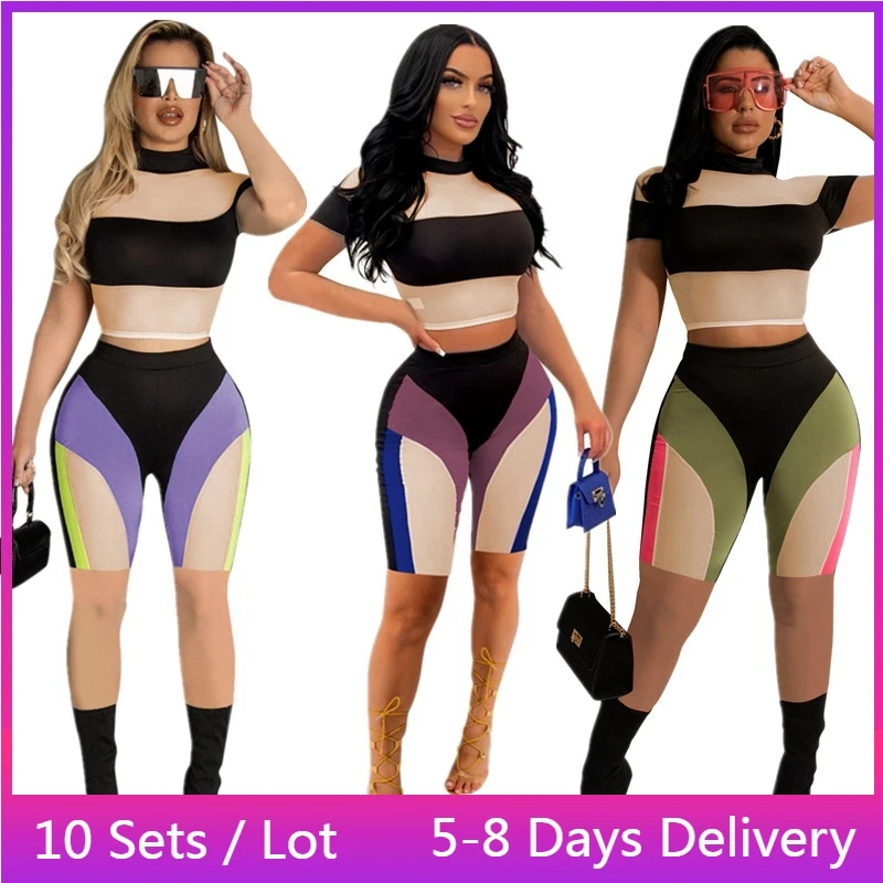 

Wholesale Items Sportswear Tracksuit Women Two Piece Set Color Patchwork Mesh Jogging Suits for Women Crop Top Biker Short Set