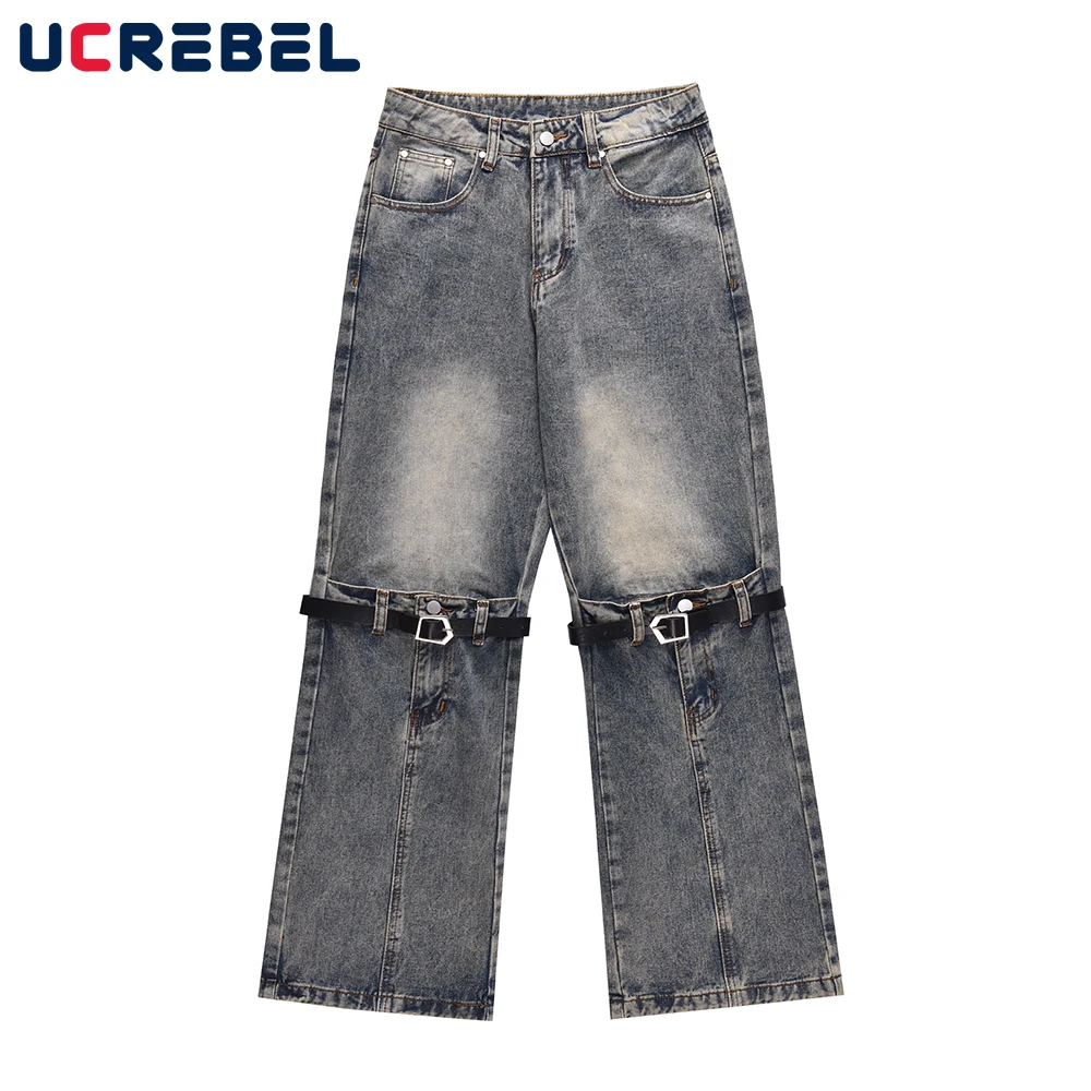 

Spliced Ripped Hole Zipper Wide Leg Jeans Mens High Street Washed Loose Straight-leg Pants Men