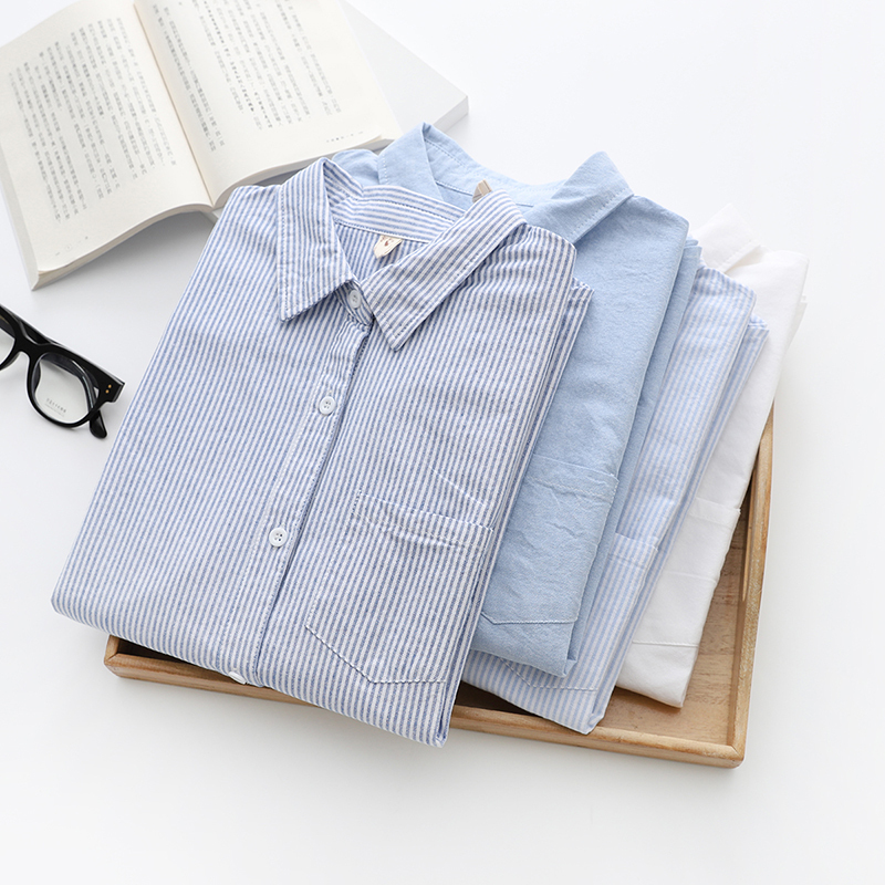Cotton Women's Oxford Shirt 2024 Autumn New Ladies Casual Blouse and Tops College Style Lady Blue White Striped Shirts Clothes