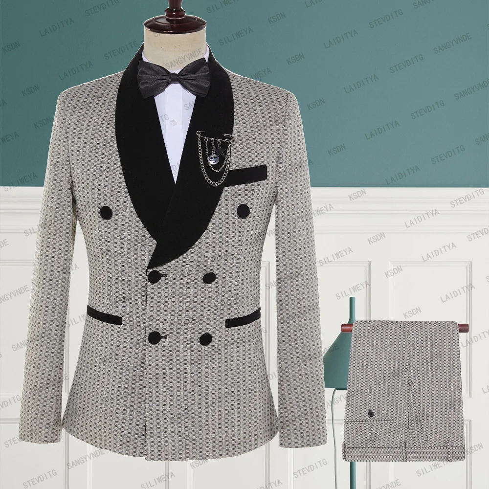 

Мужские костюмы в горошек, 2 шт., двубортные черные бархатные приталенные повседневные смокинги цвета хаки с лацканами для свадьбы (Блейзер + брюки), новинка 2023