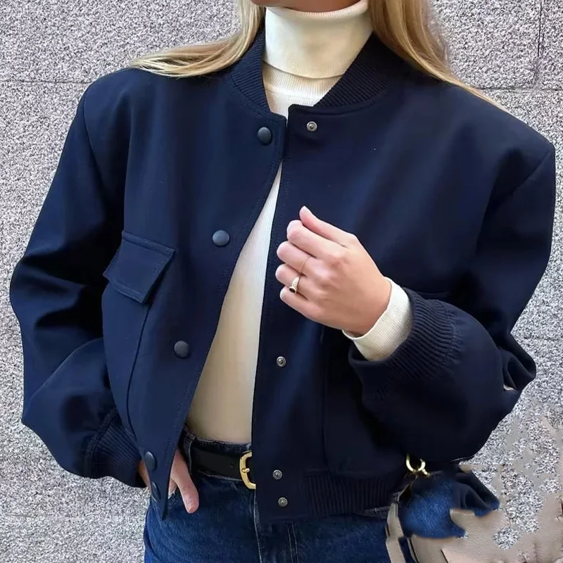 Women's Bomber Jackets Coat Crop Outwear Armygreen Long Sleeve Coat With Pocket Solid azatrafins Woman Jacket Navy Blue Jackets