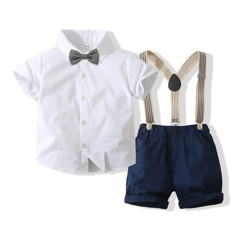 

New Toddler Boys Gentleman Clothing Sets Short Sleeve Bowtie Shirt Tops+Suspenders Shorts Kids Boy Clothes Outfits