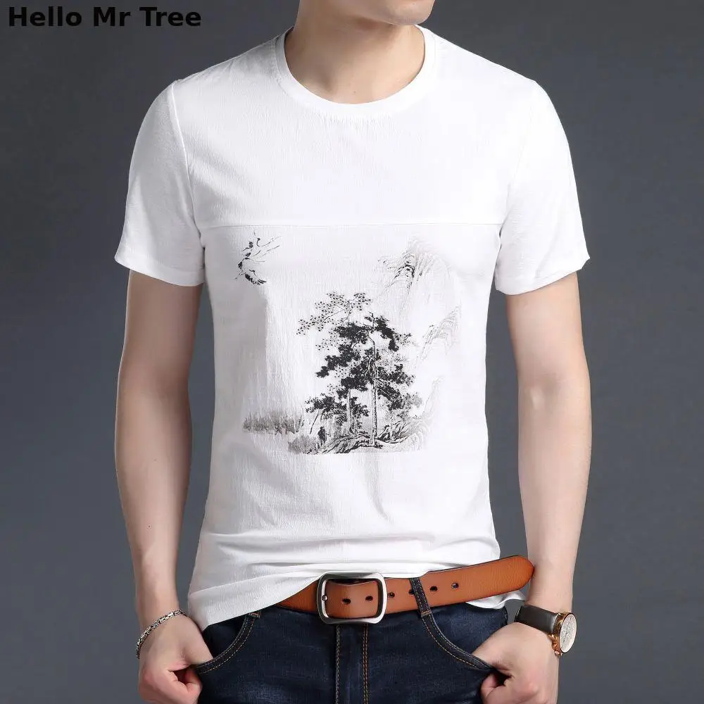 

Chinese Mountains-And-Waters Painting Tops Popular Summer Tee Men Clothing O-Neck Breathable Short Sleeve T-Shirt