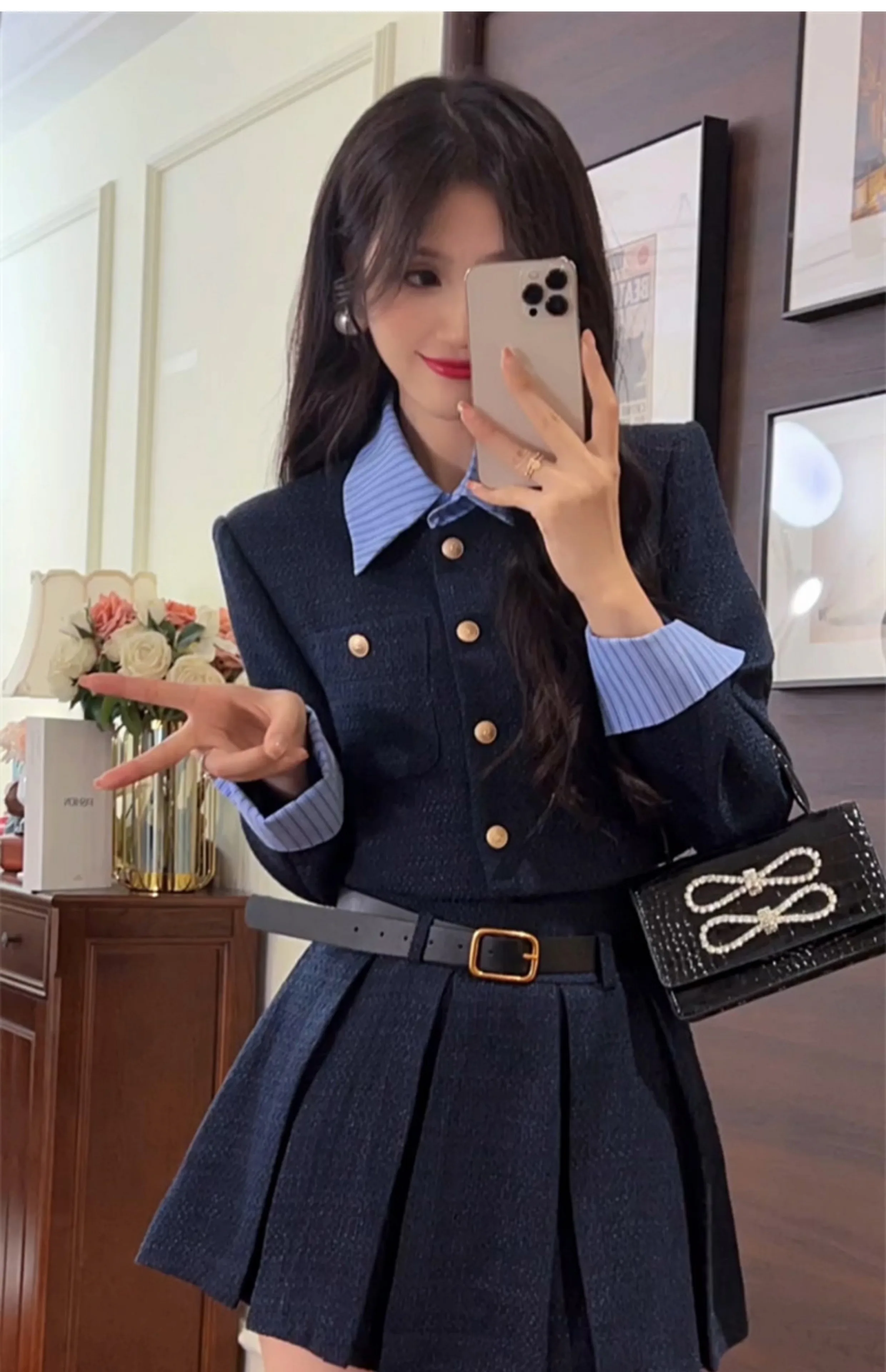 Korean Fashion Elegant Two-piece Skirt Set Women Single Breasted Crop Top Pleated Mini Skirt Preppy Style Autumn New Outfits