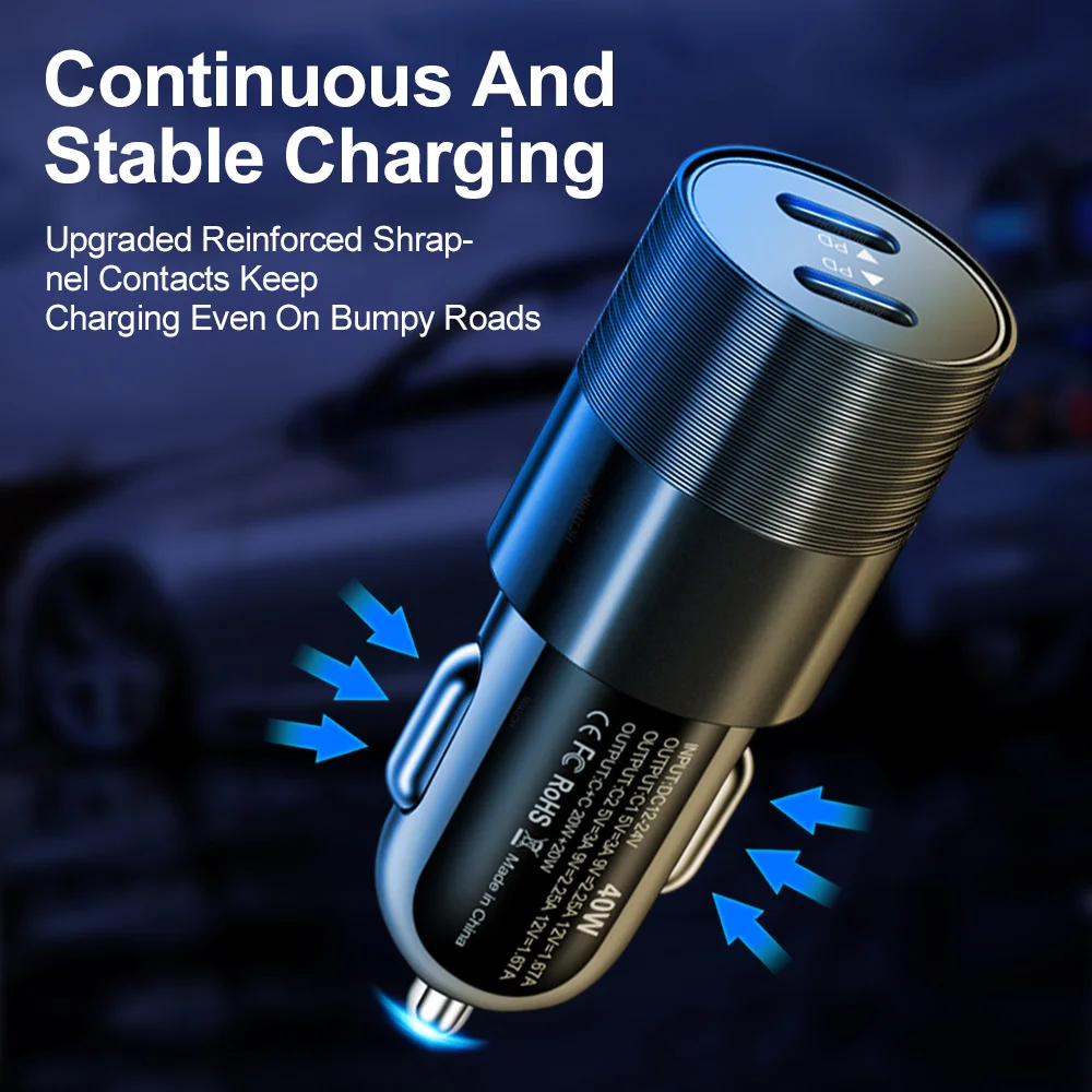 Car Phone Charger Dual USB C 40W 2 Port for iPhone Samsung