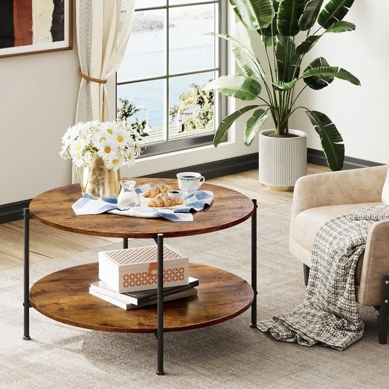 Round Coffee Table, 32.6" Small Coffee Table with Open Storage Shelf, 2-Tier Industrial Circle Wood Center Table 5