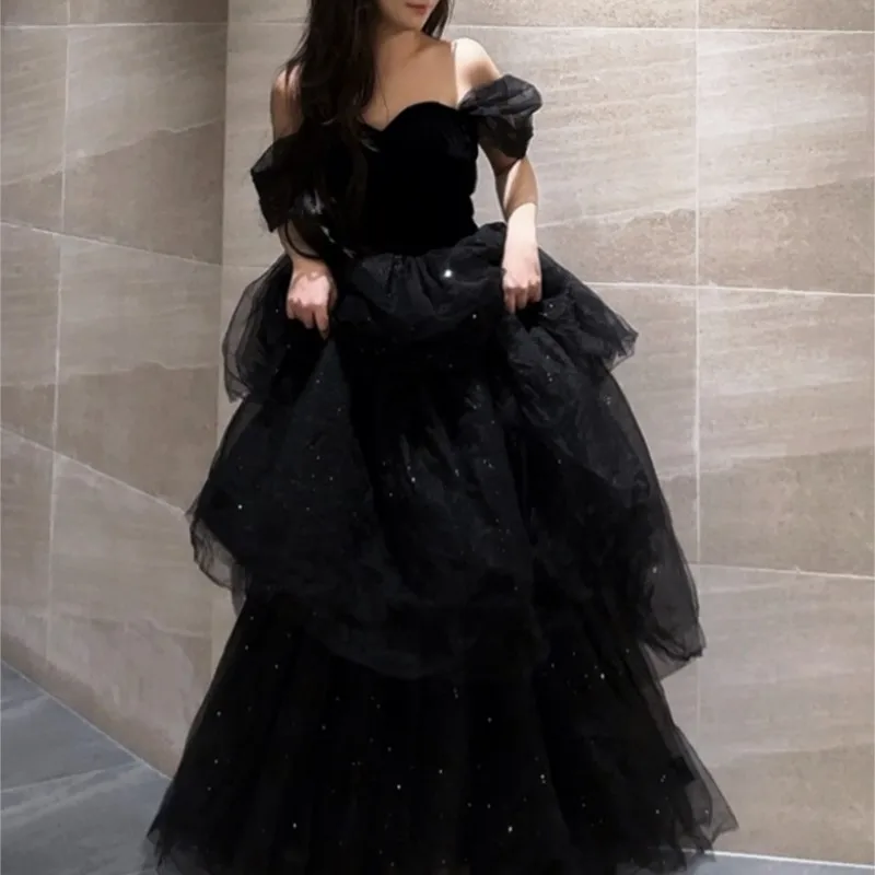 

Black Evening Dress Light Luxury Pettiskirt Host Female Art Exam Adult Ceremony Annual Meeting