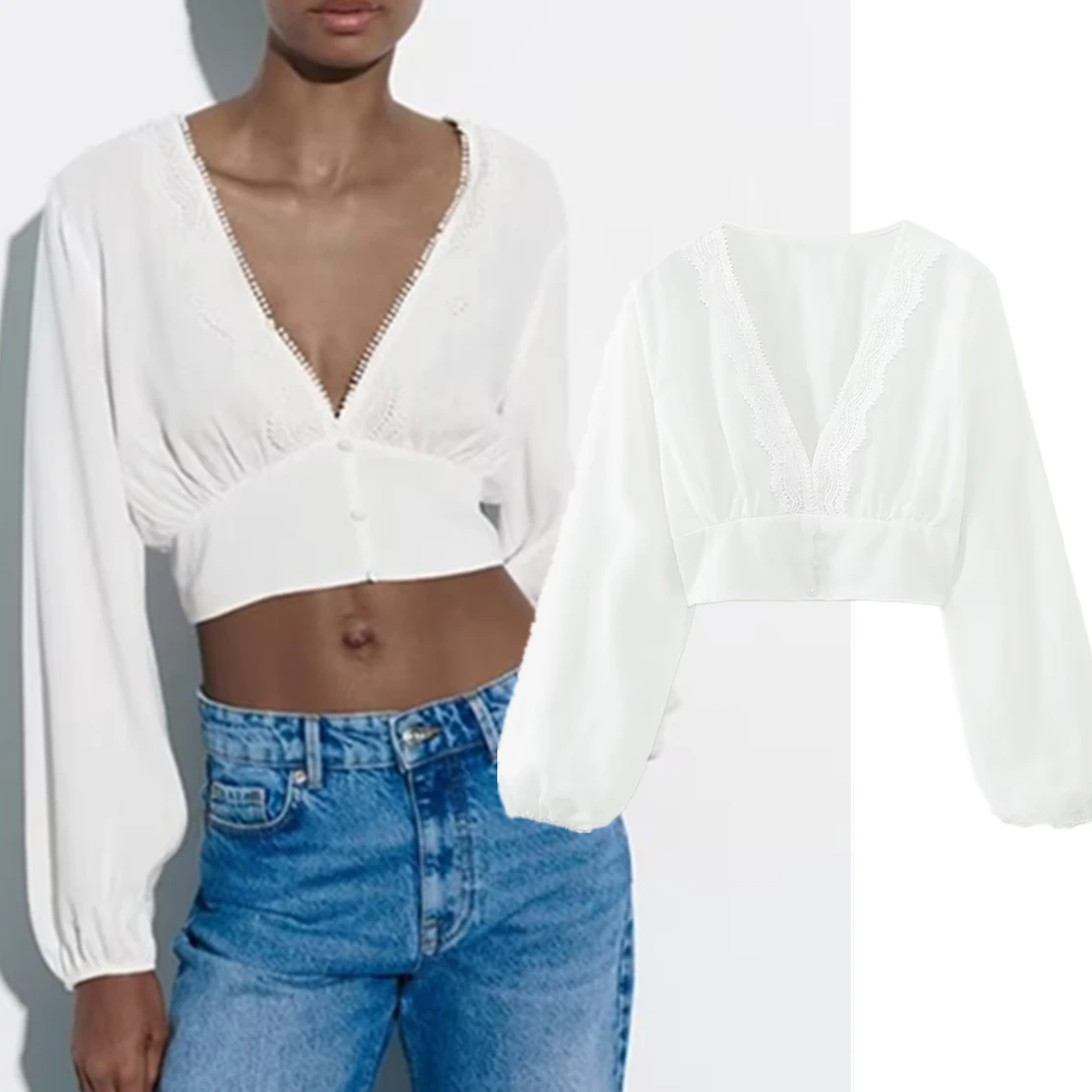 

Maxdutti Fashion White Color High Wasit Crop Tops High Street V-neck Summer Blouse Sexy Short Shirt Women