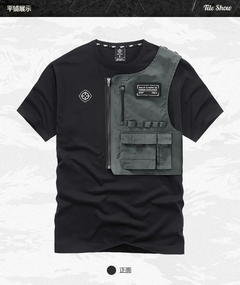 Trendyol Men Black Techwear 100% Cotton Patch Stich Short Sleeve T-Shirts Summer Mens Oversized Locomotive Style Tooling T Shirt