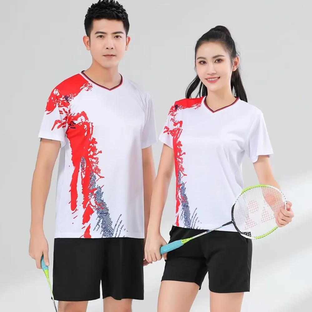 

V-neck Short Sleeve Tennis Badminton Jersey Sets for Men Women Girls Boys Quick Dry Print Couple Children Table Tennis Uniform
