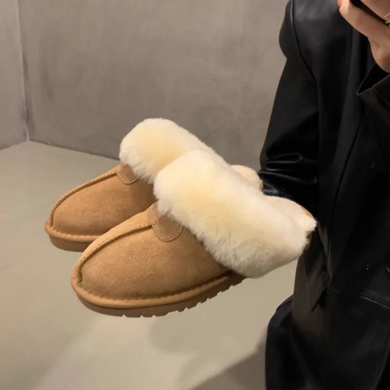 

Зимние плоские тапочки из искусственного меха для женщин, пушистая обувь из искусственной замши, нескользящая плюшевая уличная теплая обувь для снега