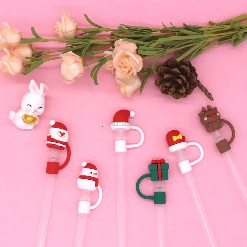 Silicone Straw Cover Christmas Cartoon Modeling Straw Plug Tips Cover Reusable Drinking Dust Cap Santa Snowman Party Decorations