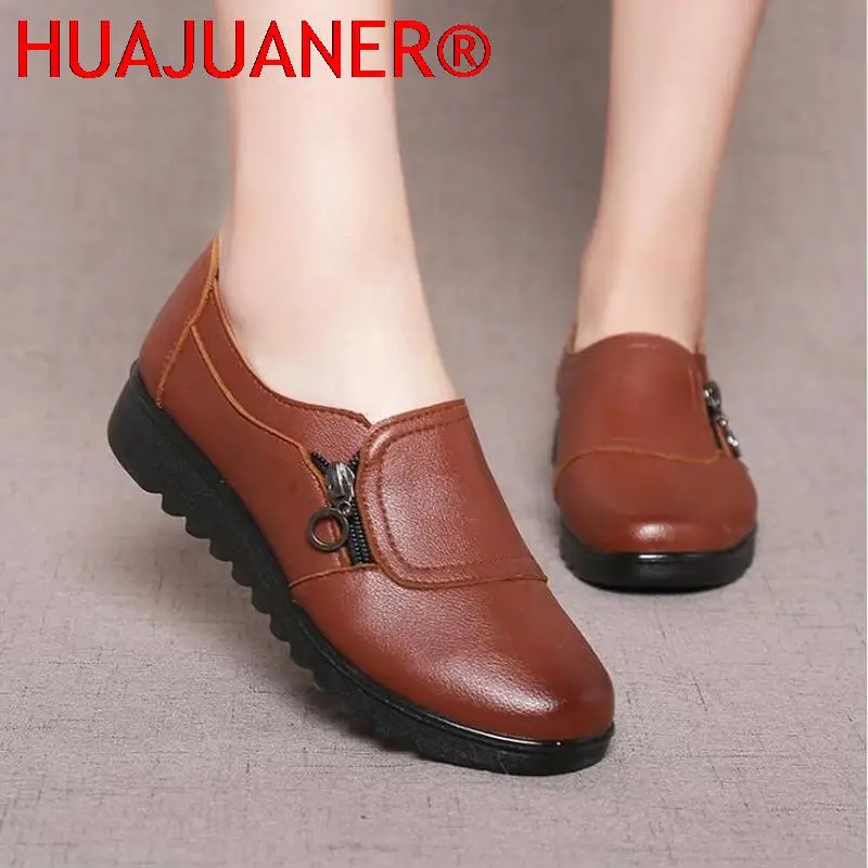 Women Casual Flats Round Head Side Zipper Oxford Shoes Non-slip Warm Slope Heel