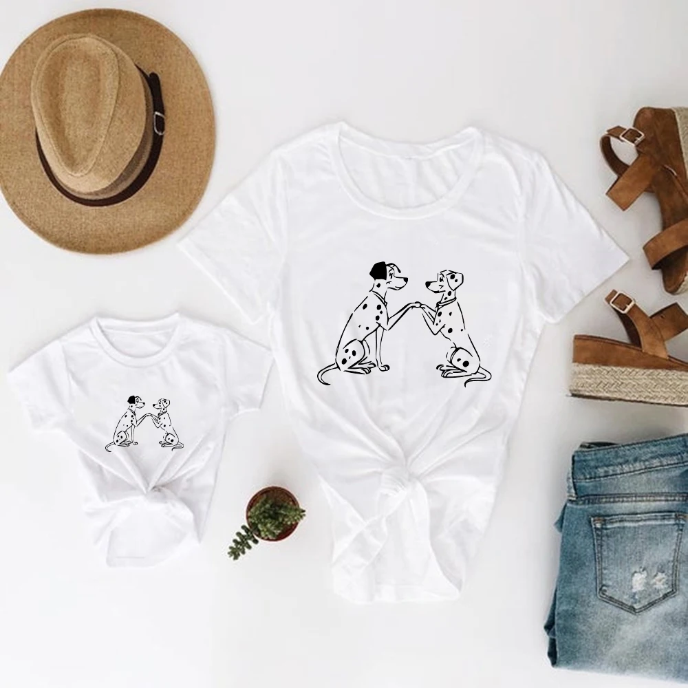 T Shirts White All-Match Family Look Outfits Disney Parent Child Print 101Dalmatians Modern Leisure New Products Tshirts Basic mother and teenage daughter matching outfits