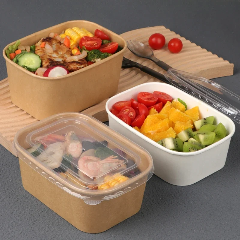 

50pcs Disposable Kraft Paper Lunch Boxes Thick Rectangular Takeout Bento Box Food Grade Microwave Heat Packaging Box with cover