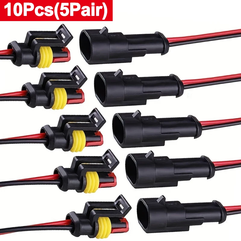 Electrical Connectors Plug 10pcs 5 Sets Waterproof Automotive Male Female 2-Pin Way With Wire For Car Motorcycle Scooter Marine