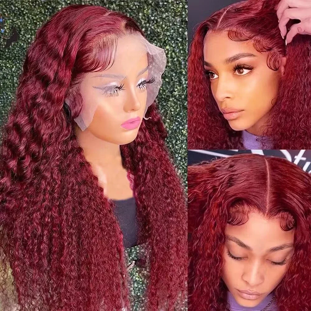 30 36 Inch Curly 99j burgundy 13x4 Lace Front Human Hair Brazilian Red Colored Deep Wave 13x6 Lace Frontal Wigs For Women
