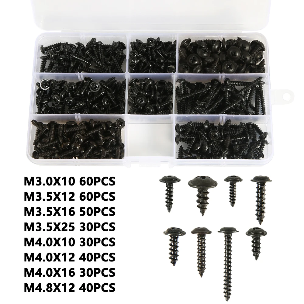 Black Carbon Steel Pan Head Self-Tapping Screw Assortment Kit (340/500 Pieces)