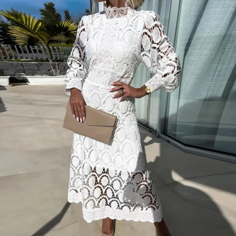 

Women Dress Hollow Lantern Sleeve Party Dress Elegant See-through Double-layer Spring Lace Embroidery Long Dress vestido feminin