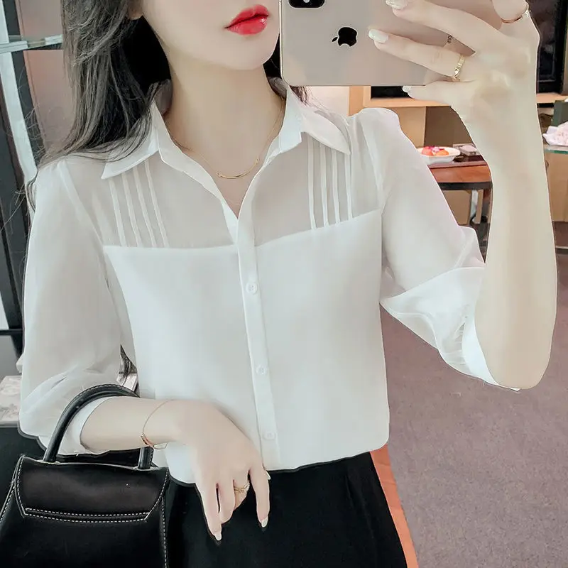 

Chiffon Stitching Satin Polo Neck White Shirt Women's Fashion Spring and Summer Seven-point Sleeves Bottoming Top